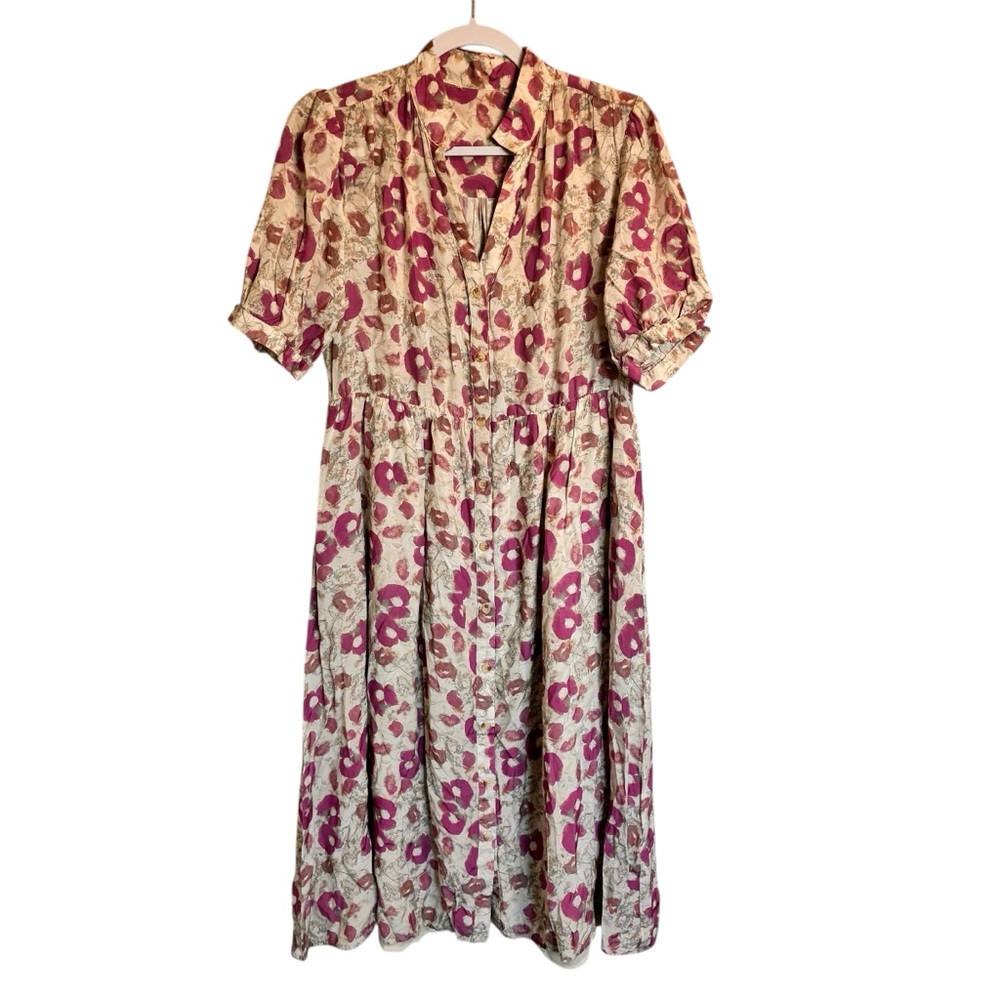 Floral Puff-Sleeve Midi Dress in Beige and Mauve - Picture 2 of 8